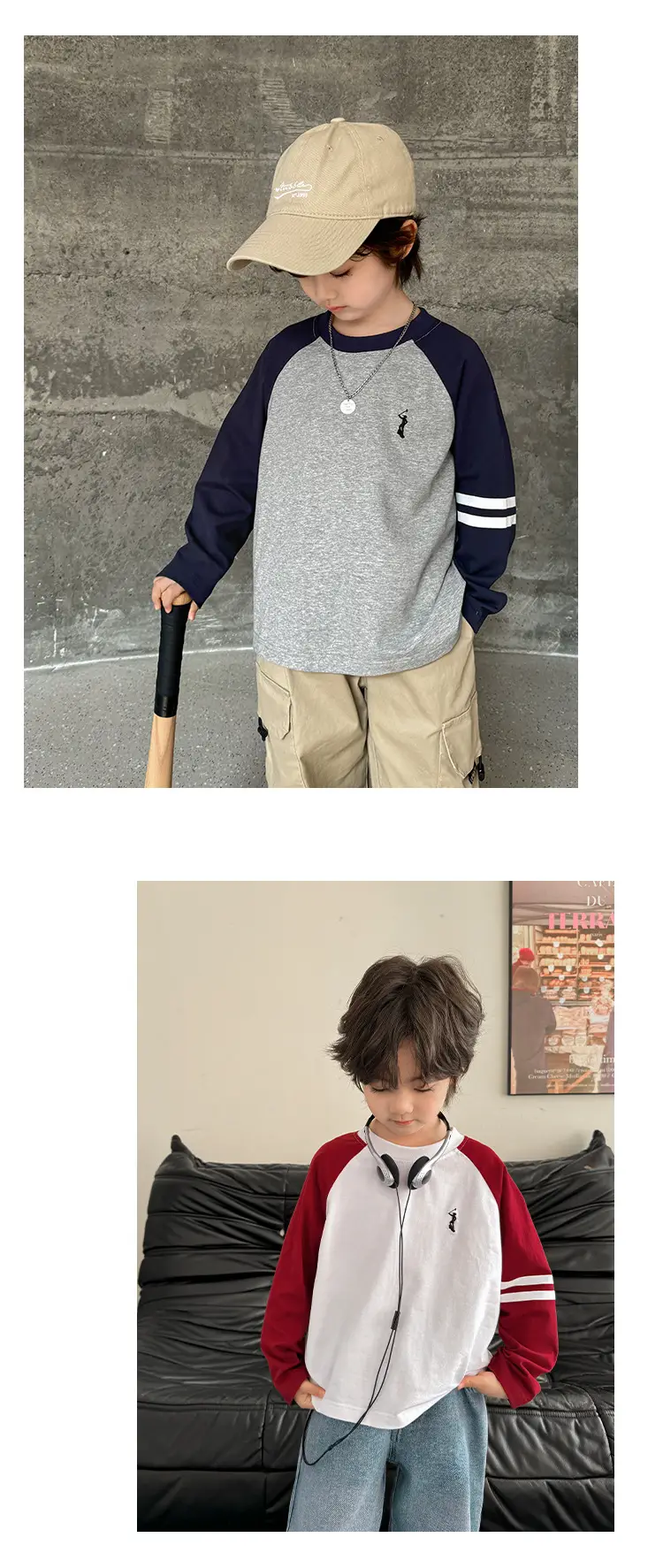 Kids Raglan Sleeve T-Shirt Set Cotton Beige Blue — feature 12