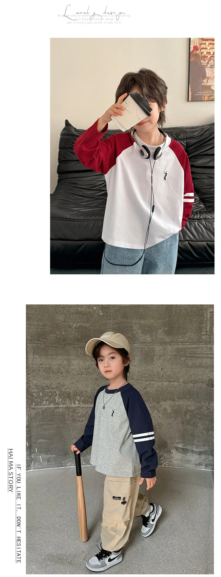 Kids Raglan Sleeve T-Shirt Set Cotton Beige Blue — feature 8