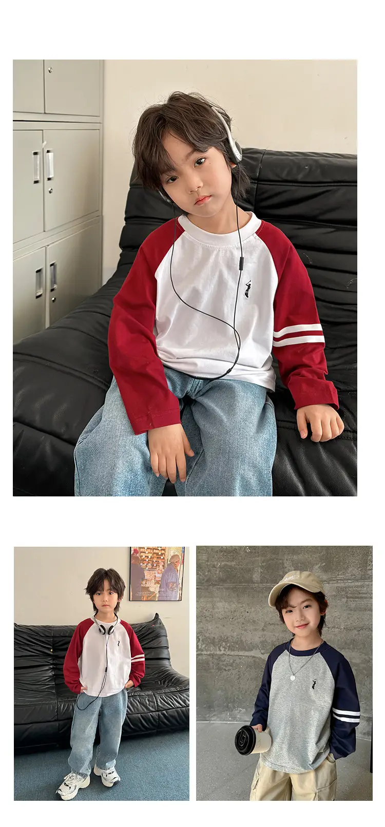Kids Raglan Sleeve T-Shirt Set Cotton Beige Blue — feature 9