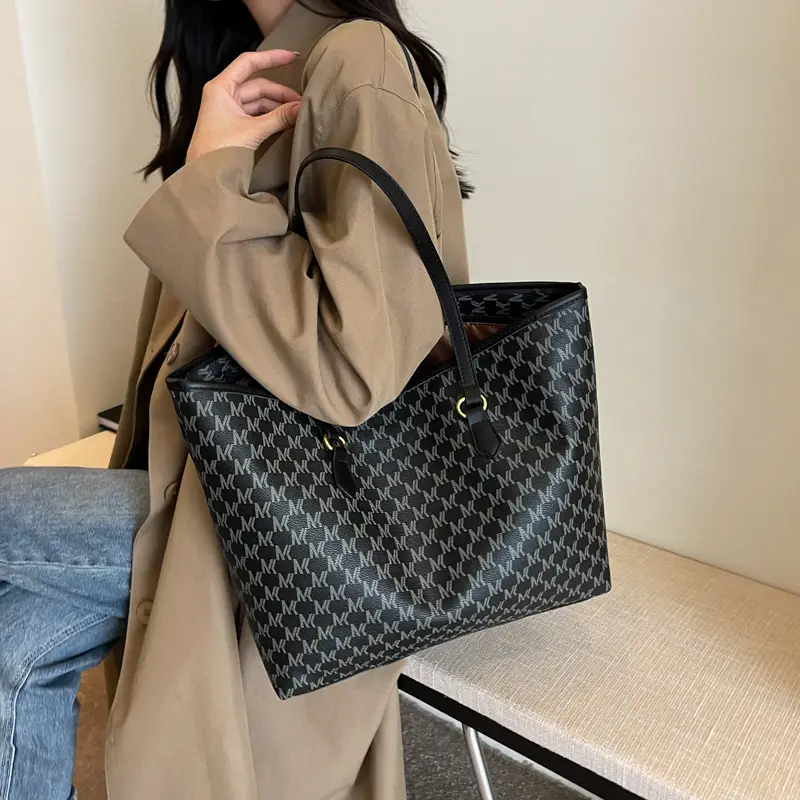 Luxury Brown Textured Shoulder Tote Bag with Yellow Handles - Image 5