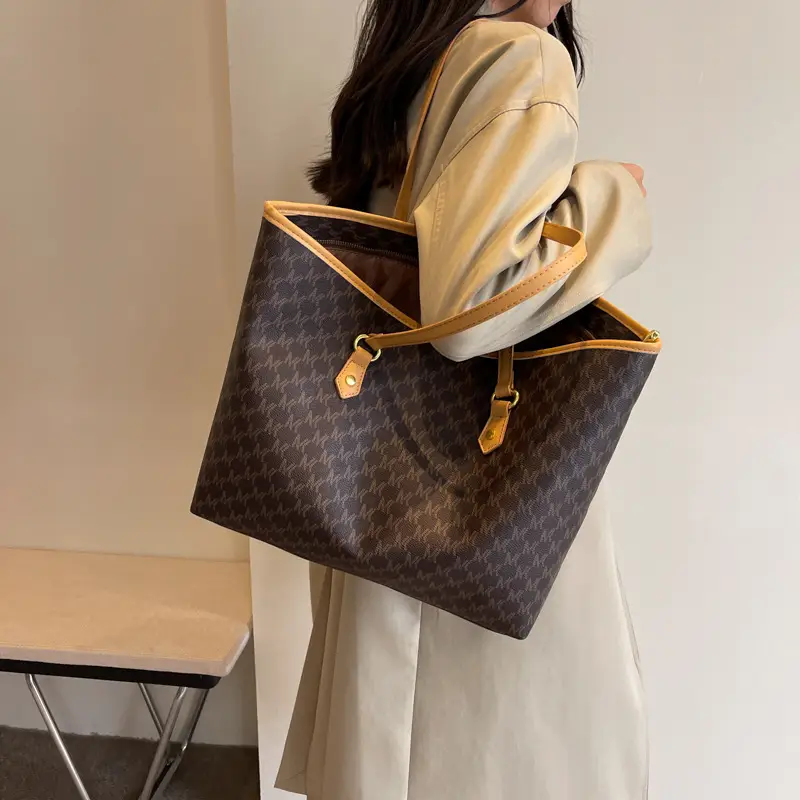 Luxury Brown Textured Shoulder Tote Bag with Yellow Handles - Image 6
