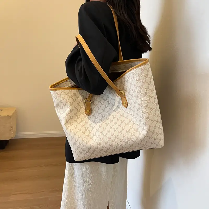 Luxury Brown Textured Shoulder Tote Bag with Yellow Handles - Image 7