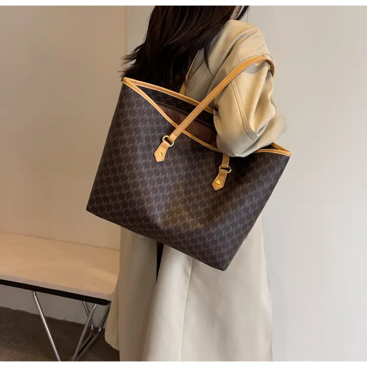 Luxury Brown Textured Shoulder Tote Bag with Yellow Handles — feature 16