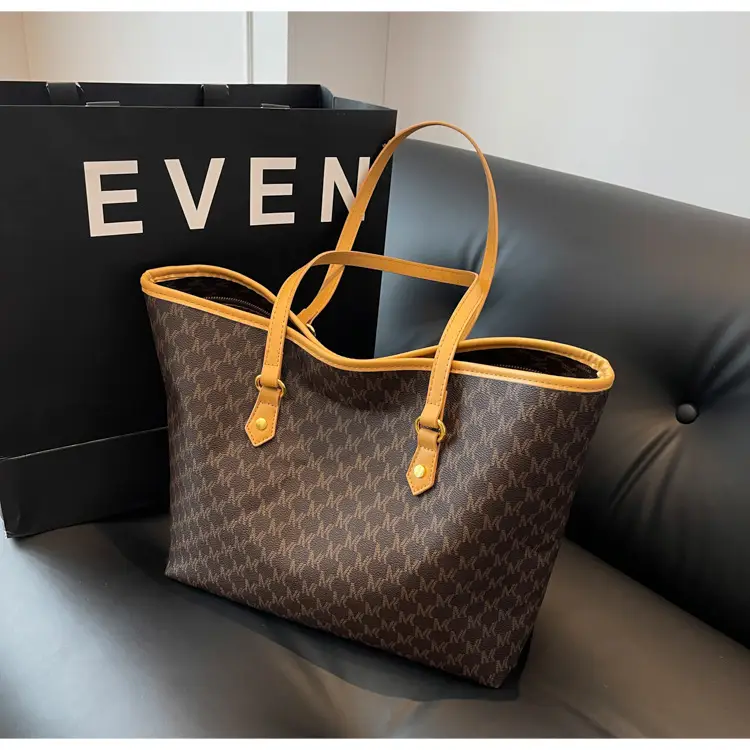 Luxury Brown Textured Shoulder Tote Bag with Yellow Handles — feature 17