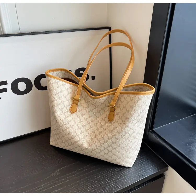 Luxury Brown Textured Shoulder Tote Bag with Yellow Handles — feature 21