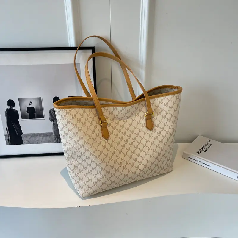 Luxury Brown Textured Shoulder Tote Bag with Yellow Handles - Image 2
