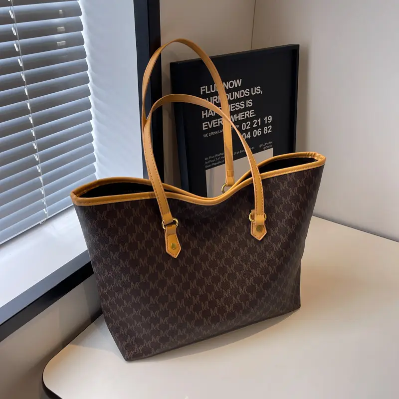 Luxury Brown Textured Shoulder Tote Bag with Yellow Handles - Image 3