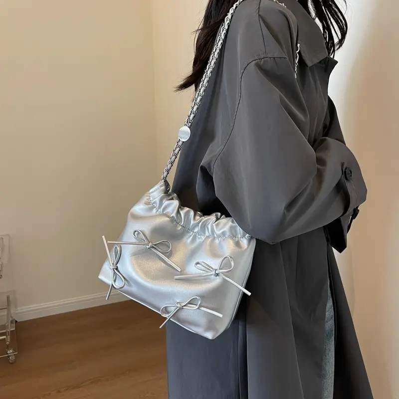 Silver Metaphorical Chain Bow Shoulder Bag for Women - Image 7