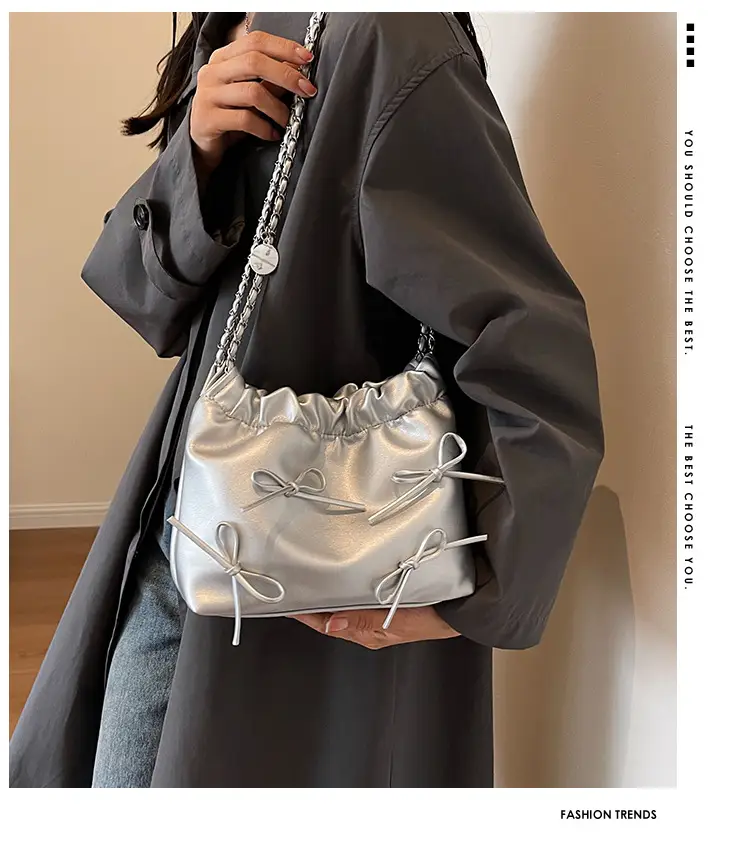 Silver Metaphorical Chain Bow Shoulder Bag for Women — feature 2
