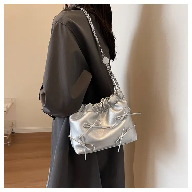Silver Metaphorical Chain Bow Shoulder Bag for Women — feature 27
