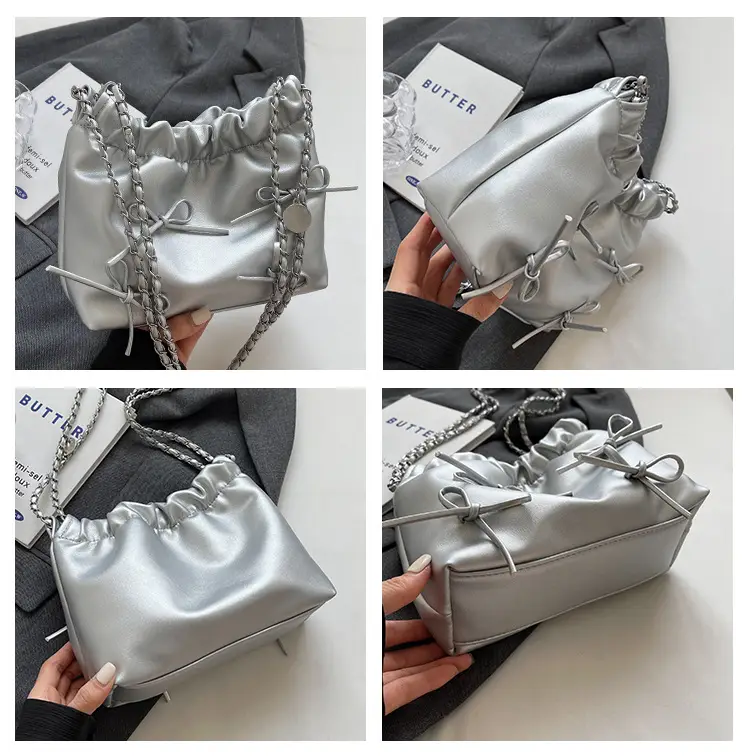 Silver Metaphorical Chain Bow Shoulder Bag for Women — feature 8