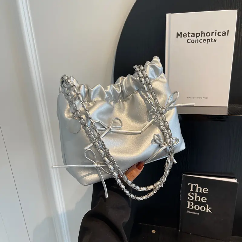 Silver Metaphorical Chain Bow Shoulder Bag for Women - Image 3