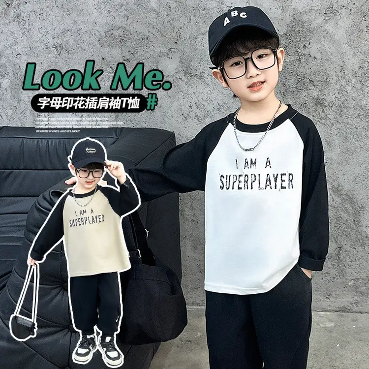 Boys Raglan Sleeve Letter T-Shirt Black White 2025 - Image 3