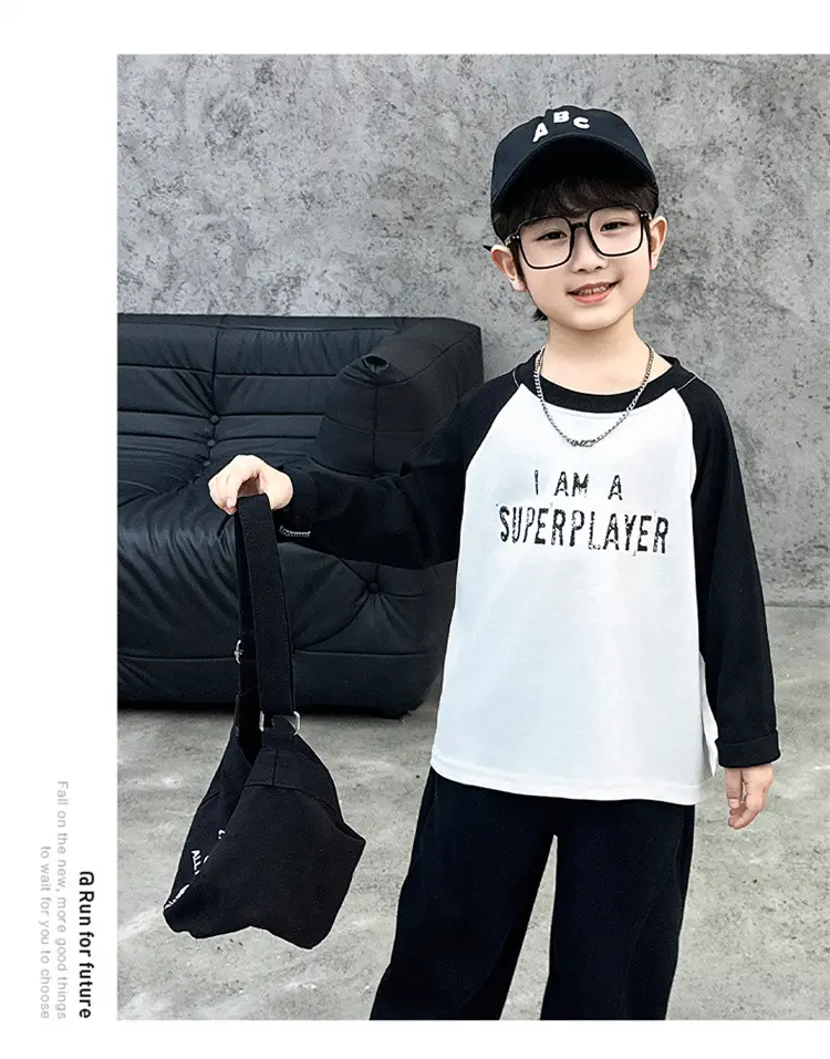 Boys Raglan Sleeve Letter T-Shirt Black White 2025 — feature 15