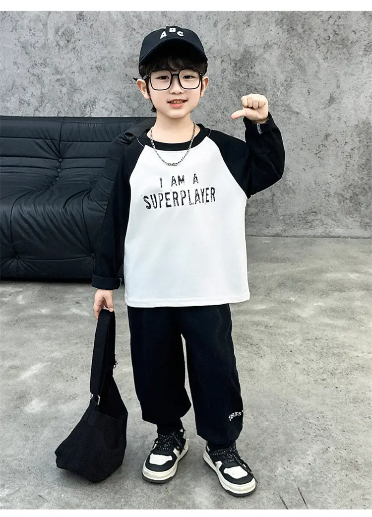 Boys Raglan Sleeve Letter T-Shirt Black White 2025 — feature 16