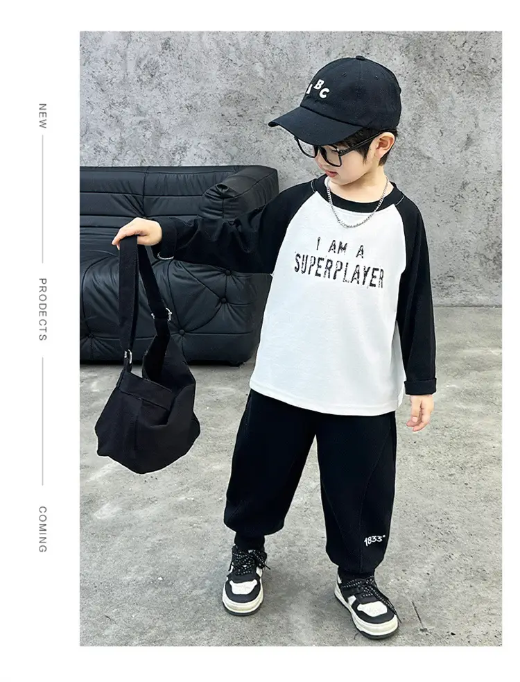 Boys Raglan Sleeve Letter T-Shirt Black White 2025 — feature 18