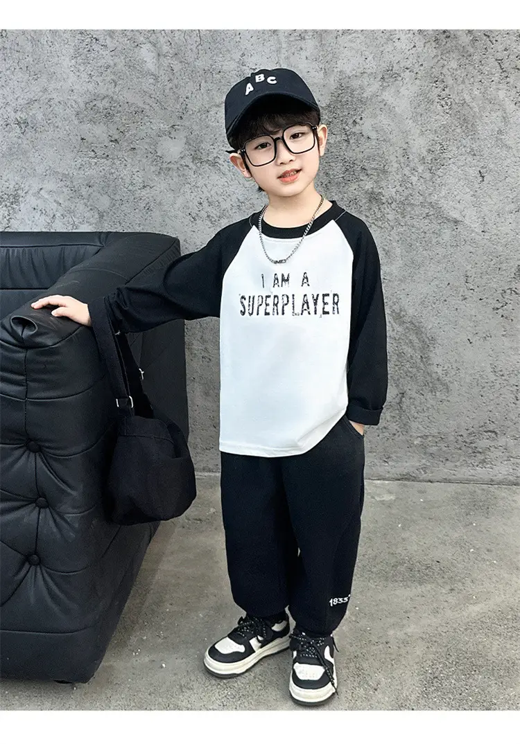 Boys Raglan Sleeve Letter T-Shirt Black White 2025 — feature 19