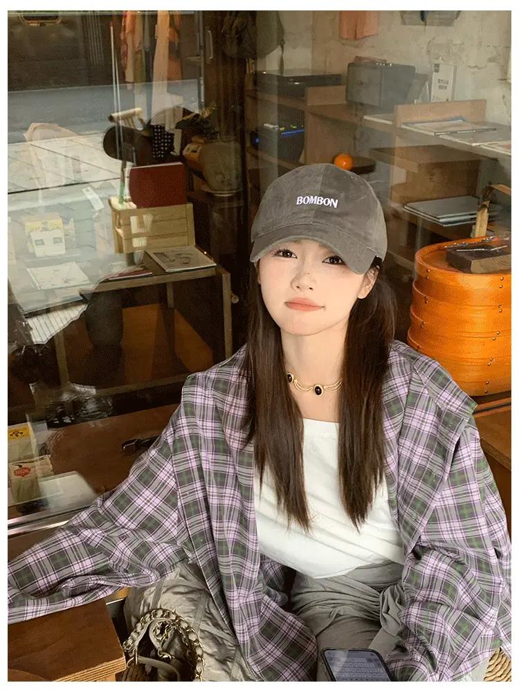 Women Blue Plaid Baseball Cap Brushed Cotton Large — feature 3