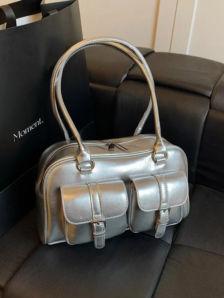 Silver Korean Style Bowling Bag with Multi Pocket Design