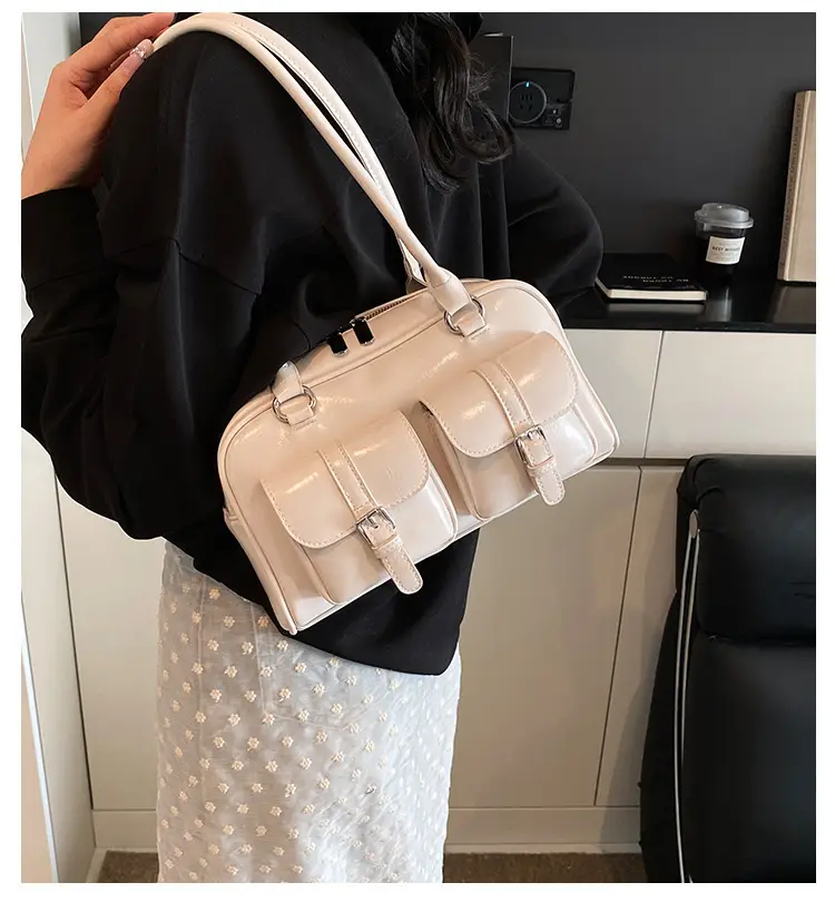 Silver Korean Style Bowling Bag with Multi Pocket Design — feature 1