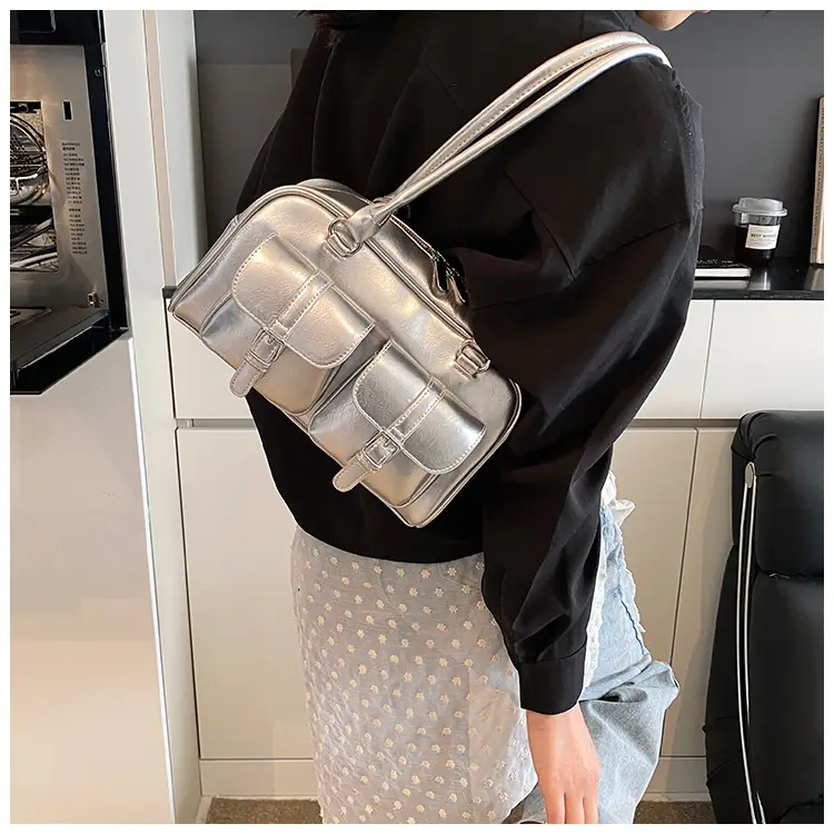 Silver Korean Style Bowling Bag with Multi Pocket Design — feature 13