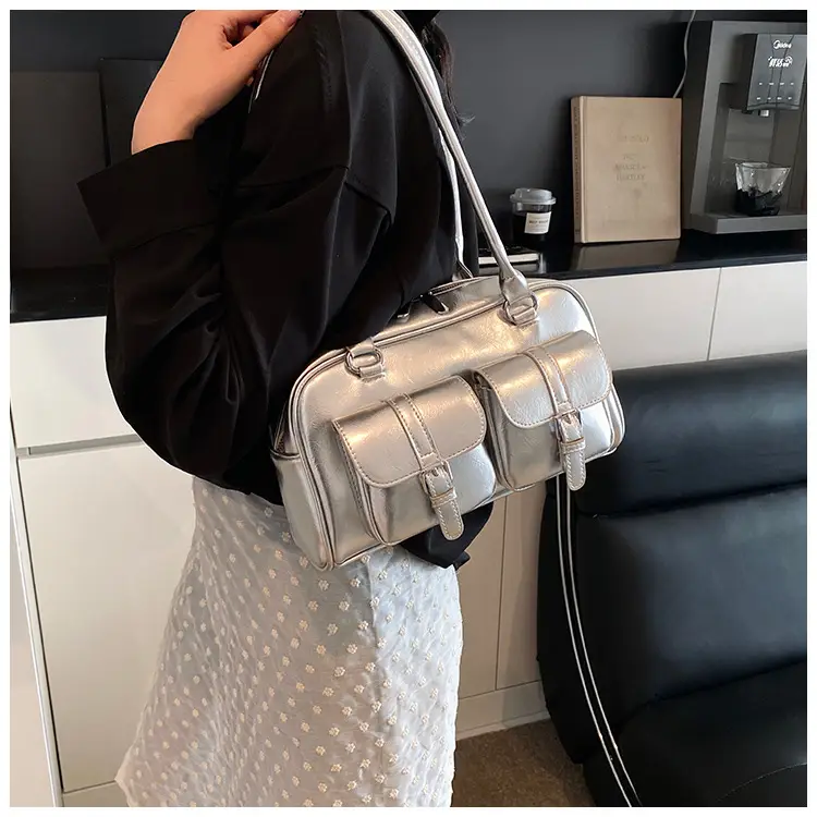 Silver Korean Style Bowling Bag with Multi Pocket Design — feature 14