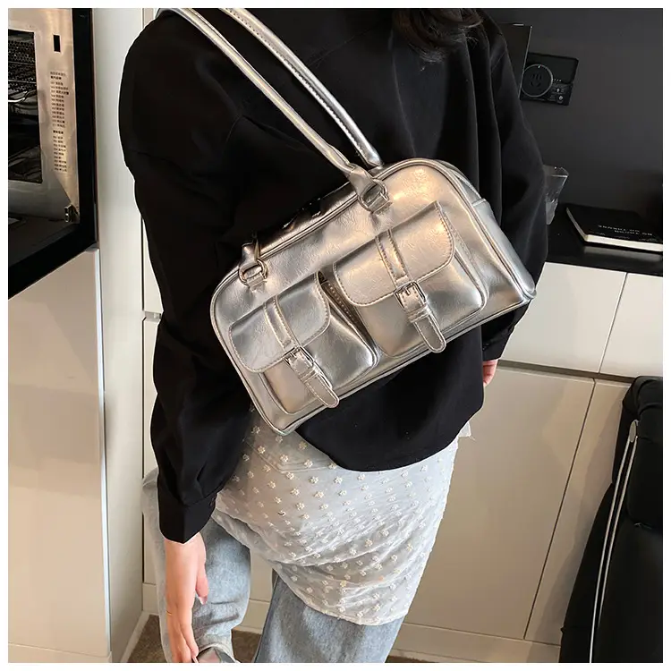 Silver Korean Style Bowling Bag with Multi Pocket Design — feature 15