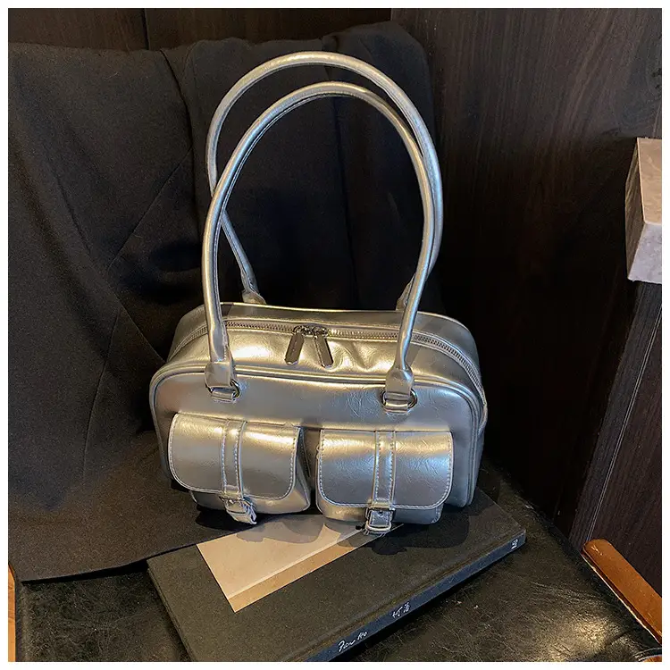 Silver Korean Style Bowling Bag with Multi Pocket Design — feature 30