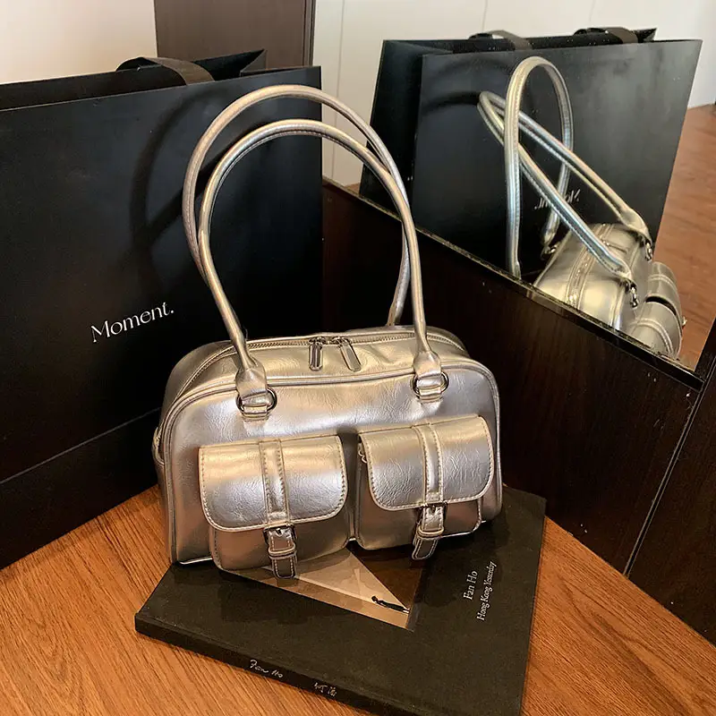 Silver Korean Style Bowling Bag with Multi Pocket Design