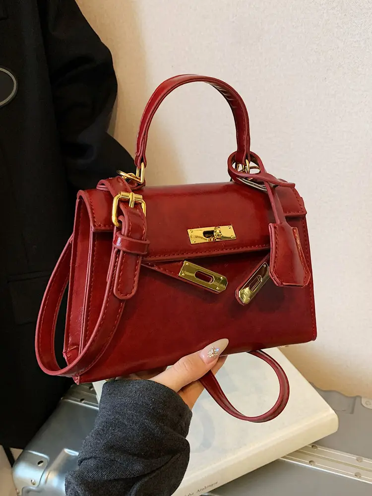Red Leather Shoulder Bag with Gold Plated Hardware - Image 7