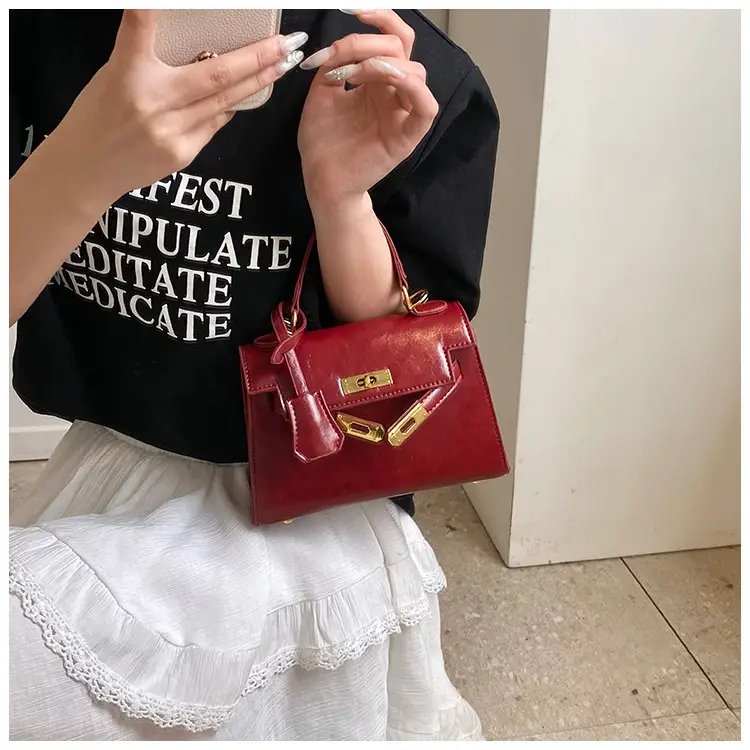 Red Leather Shoulder Bag with Gold Plated Hardware — feature 23