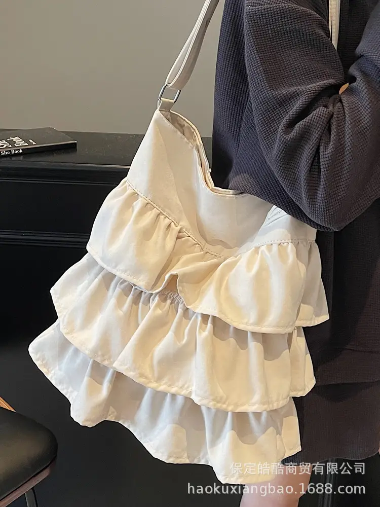 Women Ruffled Cloth Tote Bag Cream Large Capacity - Image 6