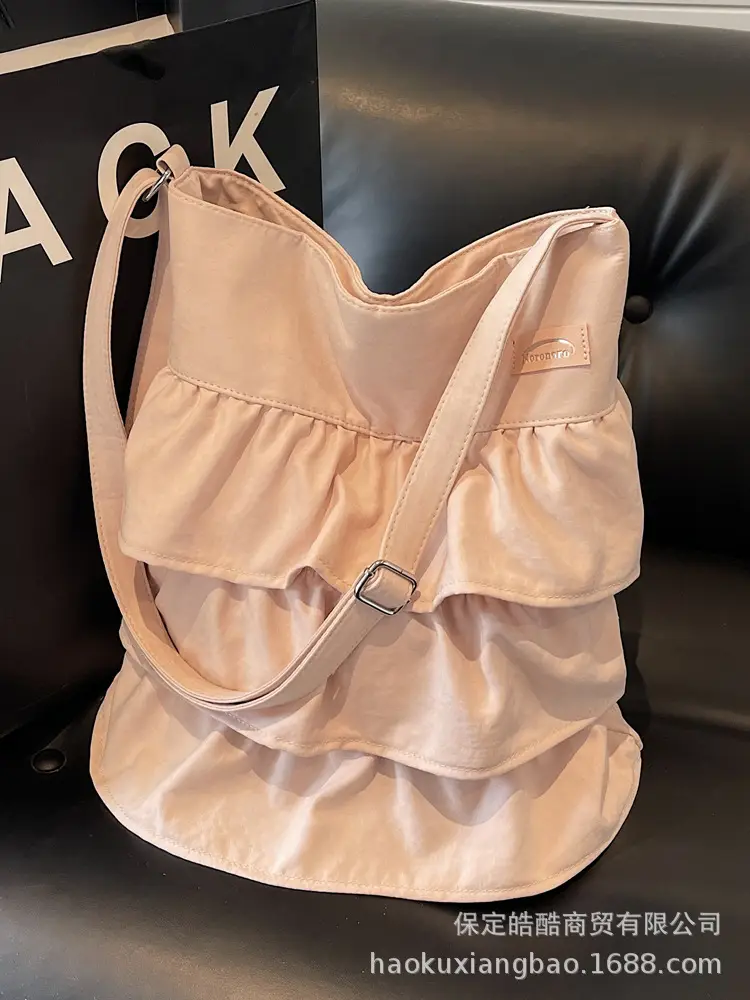 Women Ruffled Cloth Tote Bag Cream Large Capacity - Image 7