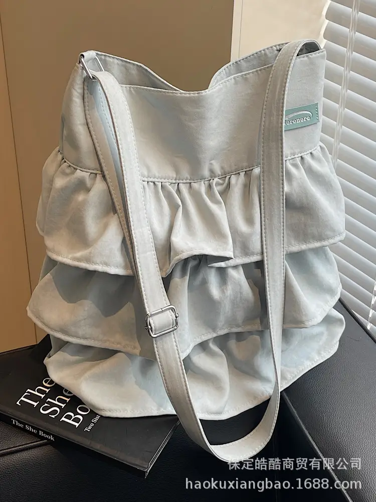 Women Ruffled Cloth Tote Bag Cream Large Capacity - Image 8