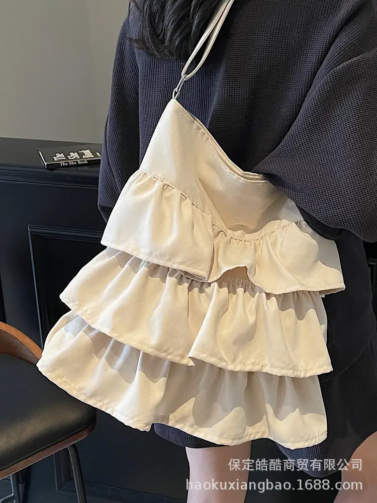 Women Ruffled Cloth Tote Bag Cream Large Capacity - Image 9