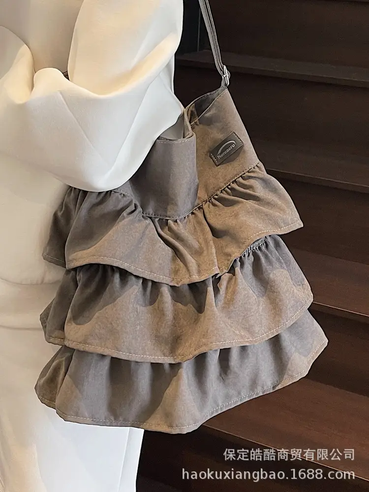 Women Ruffled Cloth Tote Bag Cream Large Capacity - Image 10