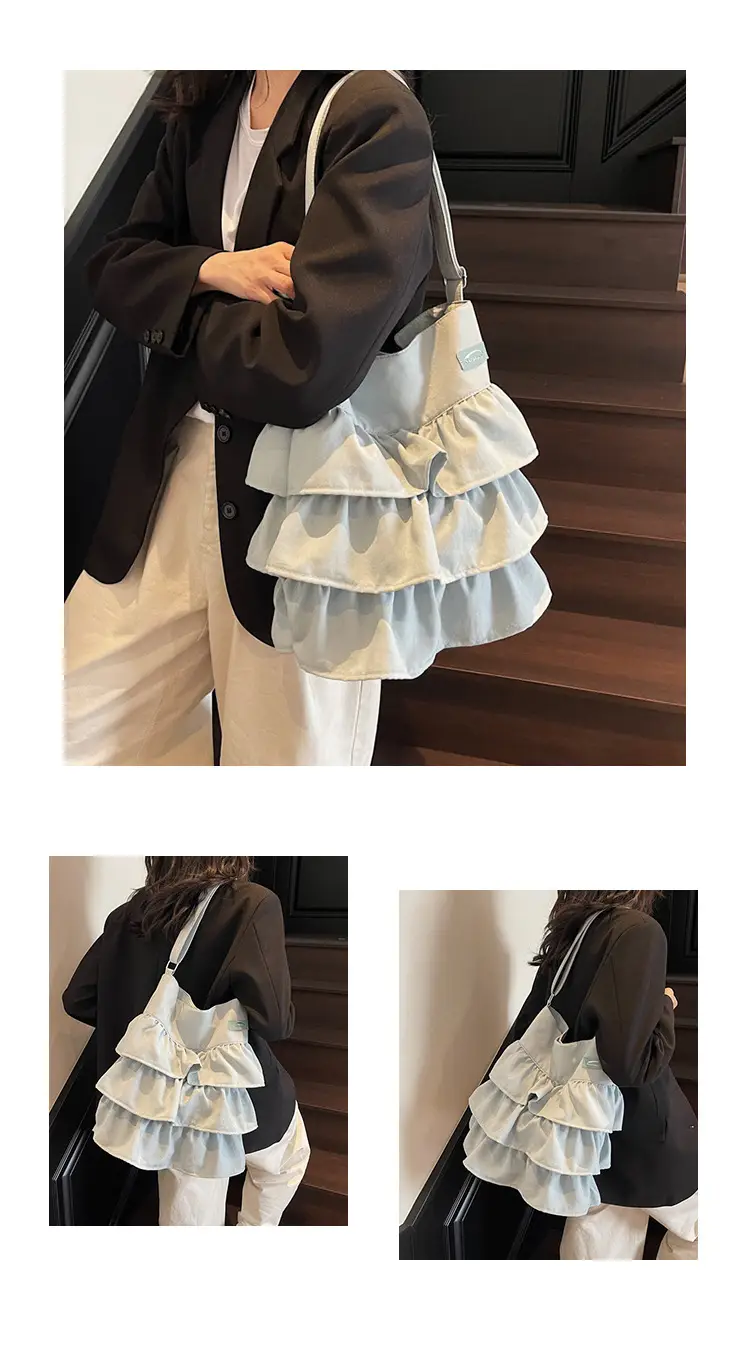 Women Ruffled Cloth Tote Bag Cream Large Capacity — feature 11