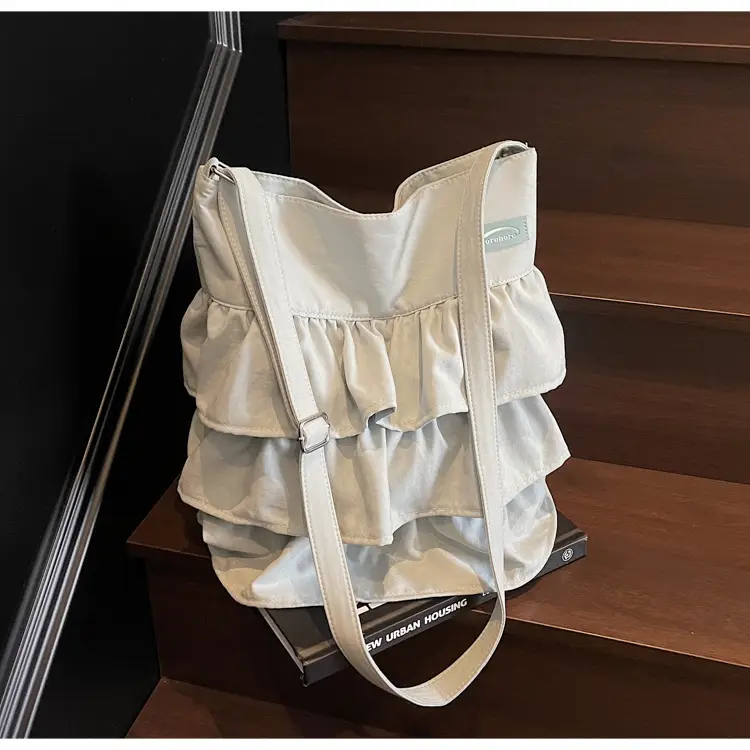 Women Ruffled Cloth Tote Bag Cream Large Capacity — feature 21
