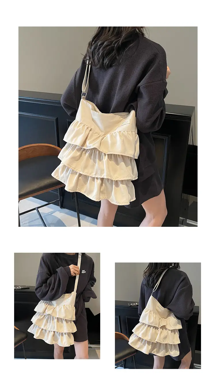 Women Ruffled Cloth Tote Bag Cream Large Capacity — feature 8