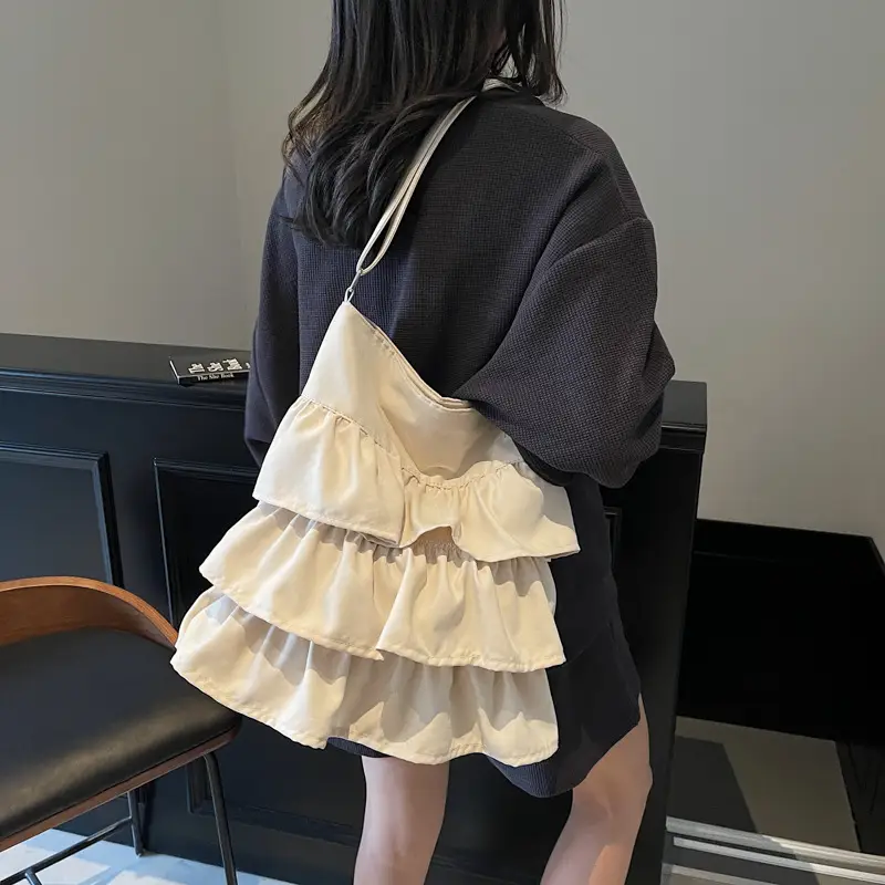Women Ruffled Cloth Tote Bag Cream Large Capacity - Image 2