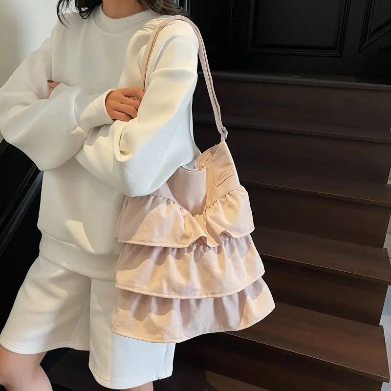 Women Ruffled Cloth Tote Bag Cream Large Capacity - Image 3