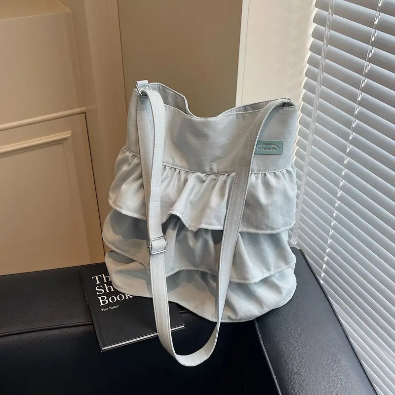 Women Ruffled Cloth Tote Bag Cream Large Capacity - Image 4