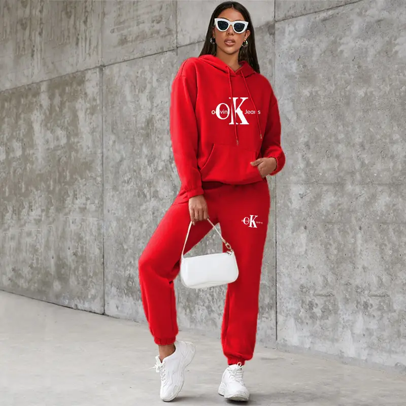 Women's American Style Fleece Hoodie Sweatshirt Set White Black Red Loose Fit