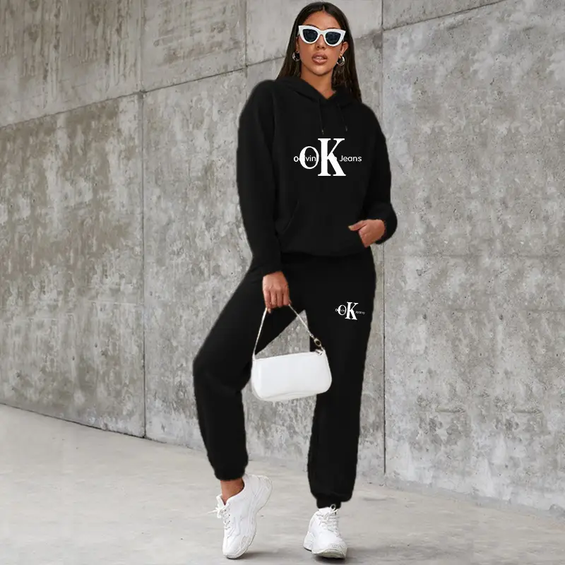 Women's American Style Fleece Hoodie Sweatshirt Set White Black Red Loose Fit