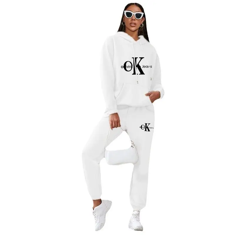 Women's American Style Fleece Hoodie Sweatshirt Set White Black Red Loose Fit