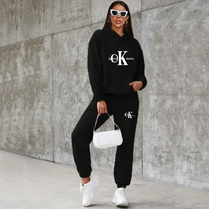 Women's American Style Fleece Hoodie Sweatshirt Set White Black Red Loose Fit — feature 10