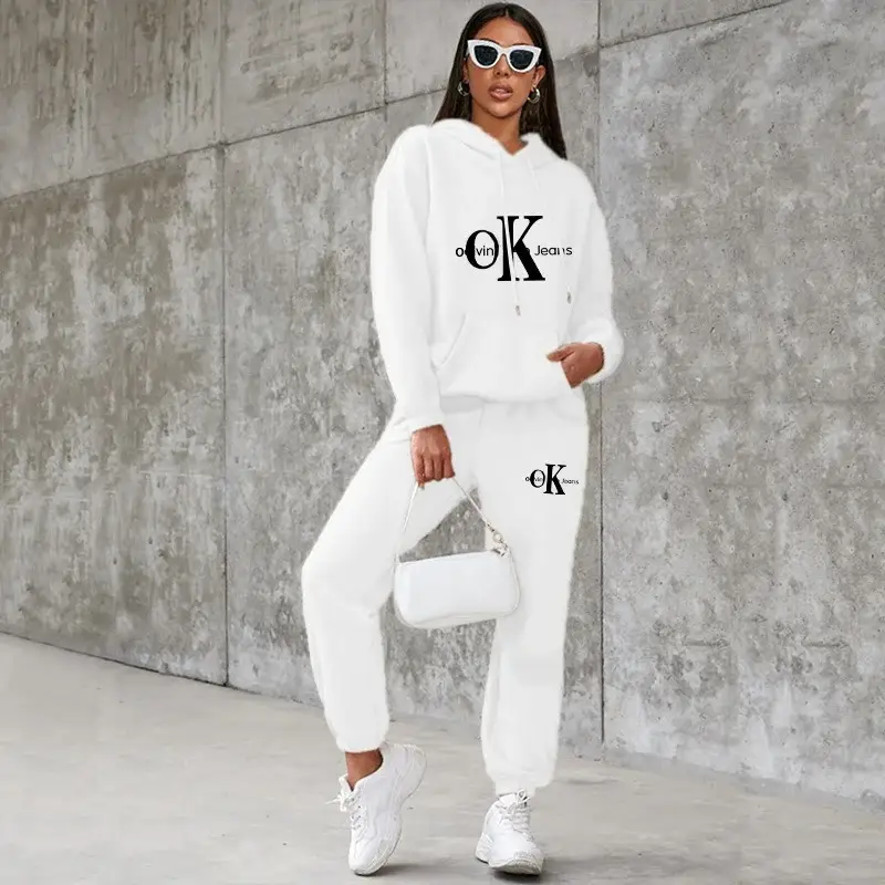 Women's American Style Fleece Hoodie Sweatshirt Set White Black Red Loose Fit — feature 8