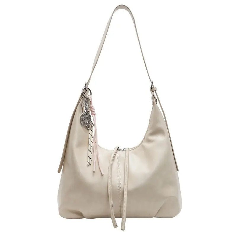 Women's Beige Leather Shoulder Bag with Adjustable Strap - Image 3