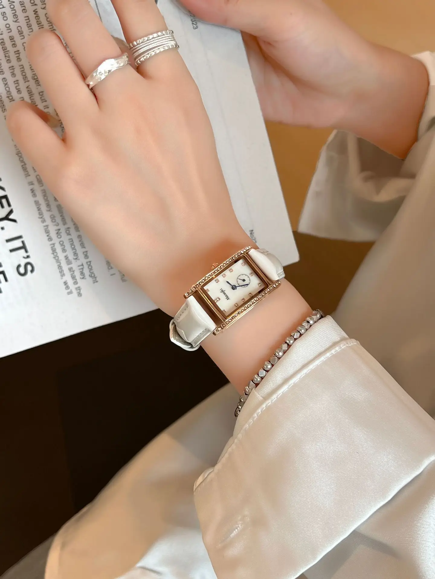 Women's Square Quartz Watch with Leather Strap & Pearl Necklace — feature 2