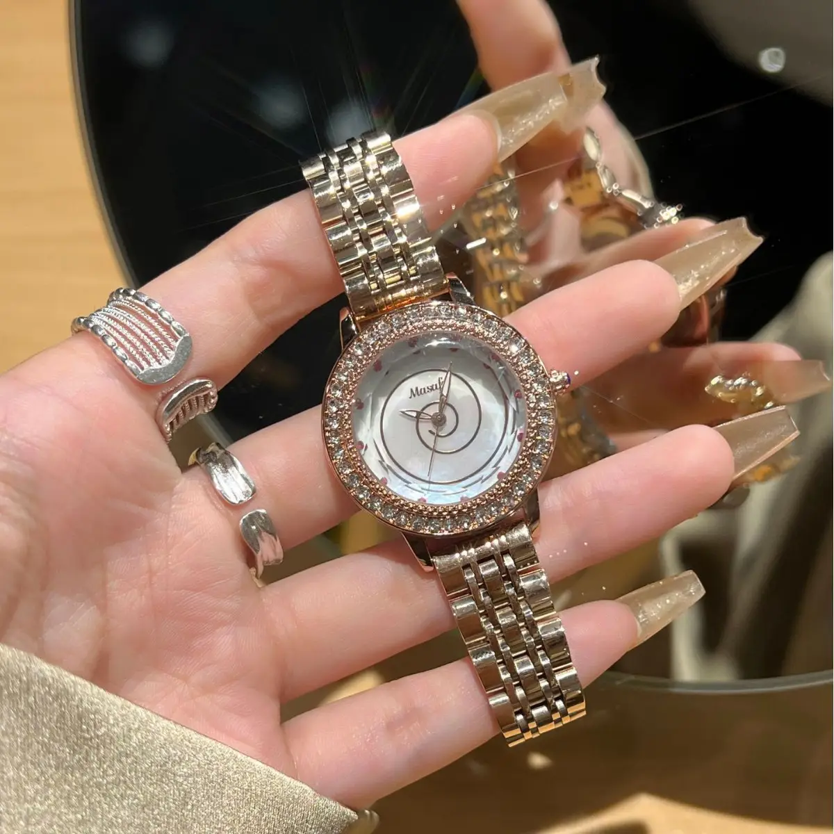 Women's Red Crystal Watch with Pearl Strap